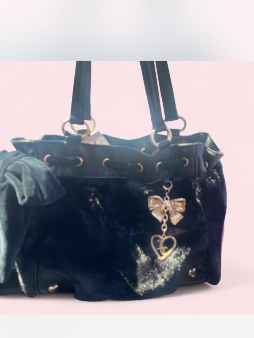 Juicy Couture Black Faux Fur Soul Sister Tote with Gold Bow Heart Char